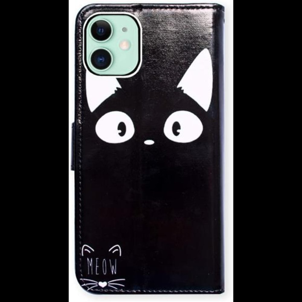 For iPhone 11 Case, White Ear Cat Black Card Slot Wallet Leather